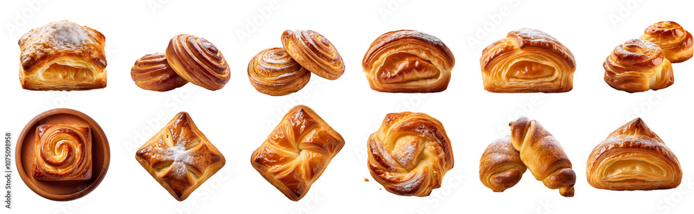 Fototapeta premium Assortment of delicious baked pastries on a white isolated background.