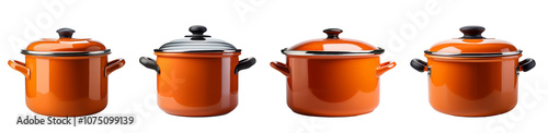 Four orange cooking pots displayed on a white isolated background.