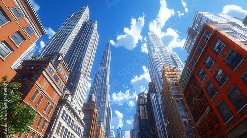 A low-angle photograph of tall buildings the sky