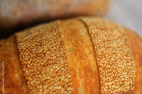 Closeup photo of crust with sesame seeds of home baked bread