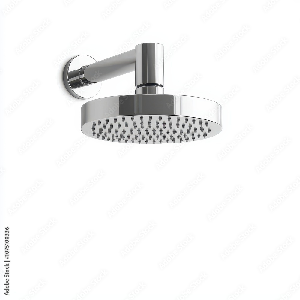 Sleek chrome shower head on a white background, perfect for modern bathroom designs. Sleek chrome shower head on a white background, perfect for modern bathroom designs.