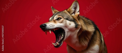 Portrait showcases an agitated rabid wolf on red backdrop emphasizes the concept of aggressive wild energy