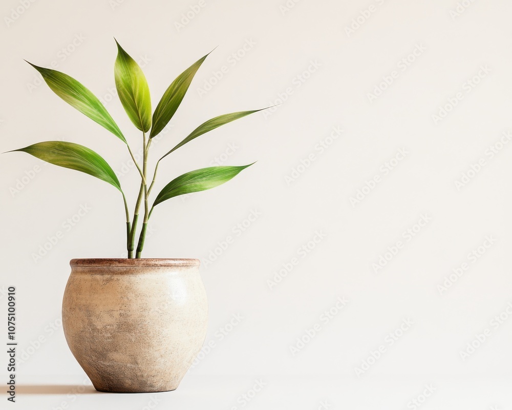 A vibrant green plant in a rustic pot against a minimalist backdrop. A vibrant green plant in a rustic pot against a minimalist backdrop.