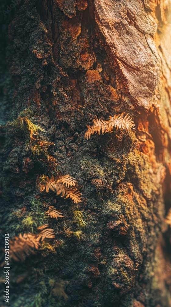 A close-up view of the textured bark of a giant tree adorned with delicate ferns in a sunlit forest during the golden hour A close-up view of the textured bark of a giant tree adorned with delicate ferns in a sunlit forest during the golden hour