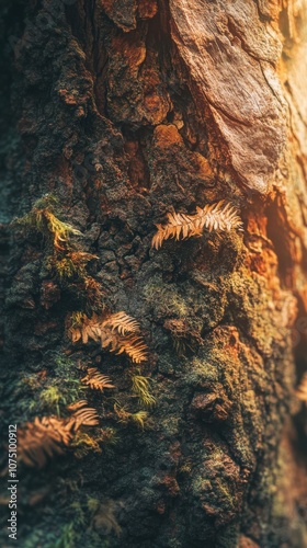 A close-up view of the textured bark of a giant tree adorned with delicate ferns in a sunlit forest during the golden hour photo