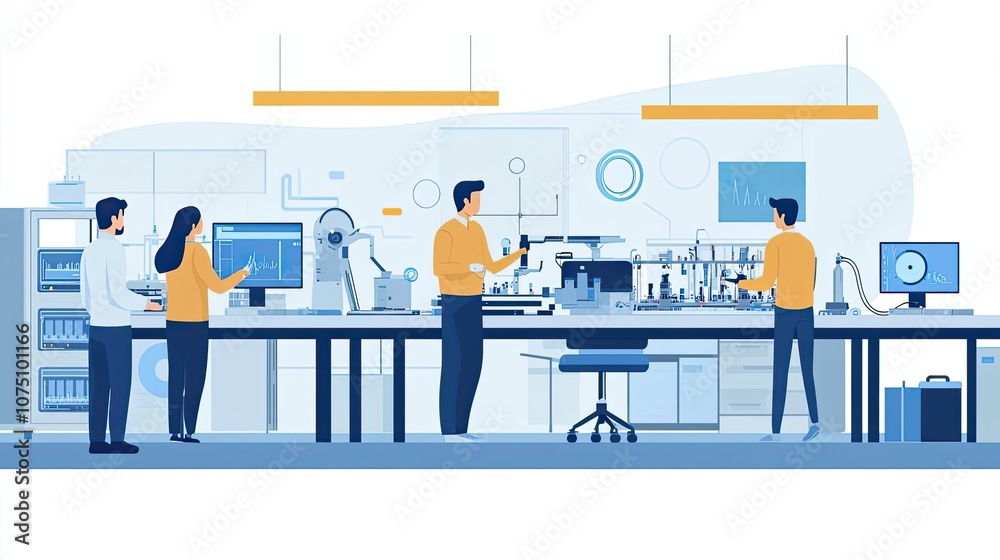 Four Scientists Working in a High-Tech Laboratory with Advanced Equipment Four Scientists Working in a High-Tech Laboratory with Advanced Equipment