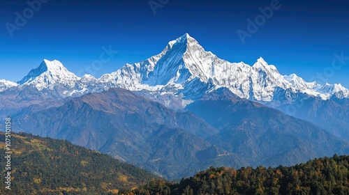 Majestic Snow-Capped Mountain Peaks Under Clear Blue Sky Surrounded by Lush Greenery and Scenic Landscapes in Himalayas