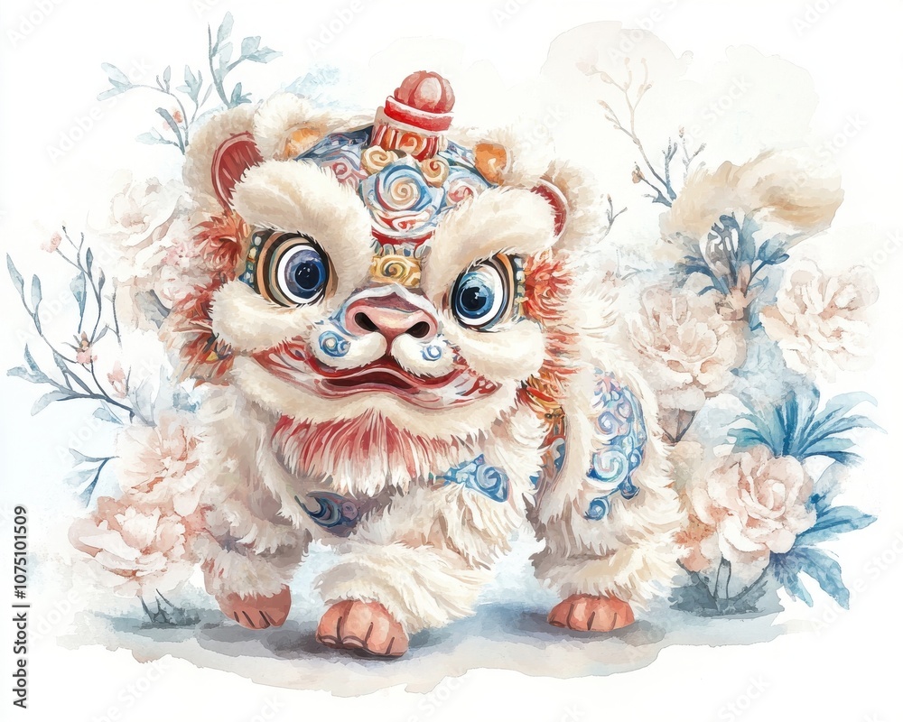 Obraz premium A vibrant illustration of a lion dance figure surrounded by elegant flowers.