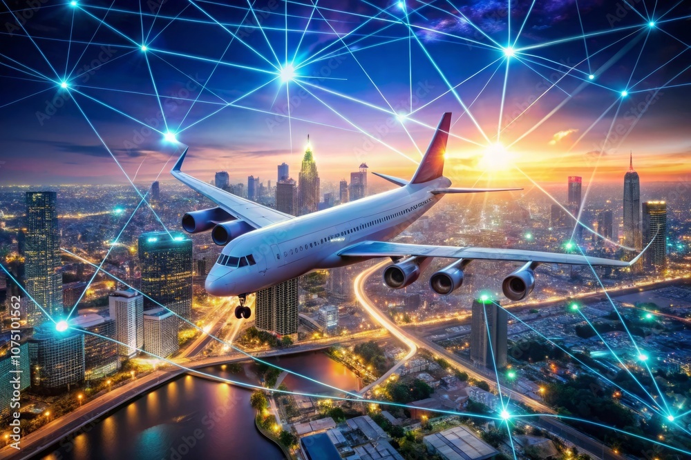 a plane is flying over a city at night a plane is flying over a city at night