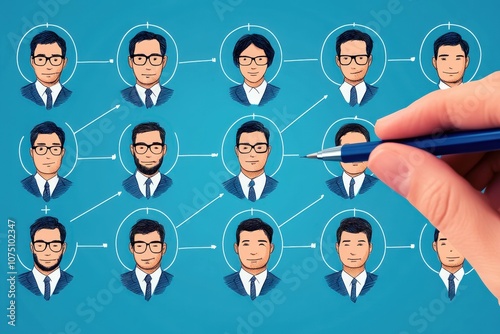 Illustration of a hand selecting a man from a group of diverse male professionals, showcasing teamwork, collaboration, and networking within a corporate environment