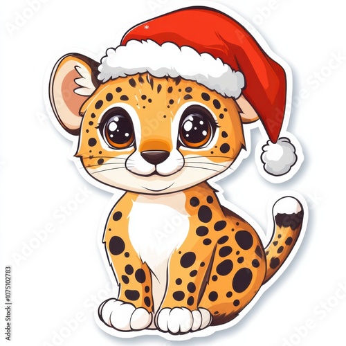 Holiday Cheetah with Santa Hat Digital Art: Cute Christmas Sticker Clipart photo