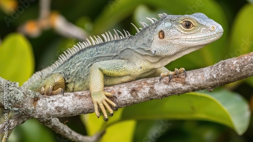 Close-Up of a Captivating Green Iguana Resting on a Branch Surrounded by Vibrant Green Leaves in Natural Habitat