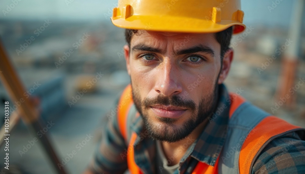 Close-up of a construction worker in safety gear at height with a blurred construction background Close-up of a construction worker in safety gear at height with a blurred construction background