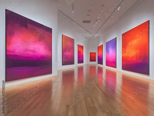 A contemporary art gallery featuring large  vibrant abstract paintings in warm hues.
