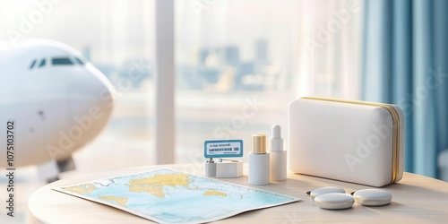 Travel locker with a plane ticket, world map, and small travelsized essentials photo