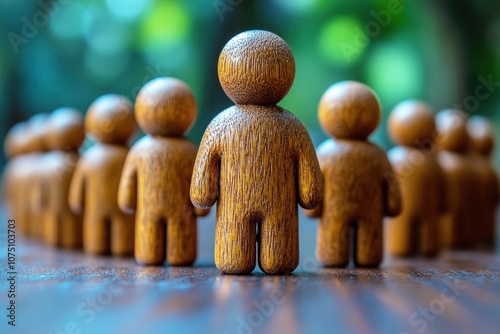 Wooden figurines standing in a circle with one central figure highlighted, showcasing themes of individuality, teamwork, and community in a serene, natural environment. photo