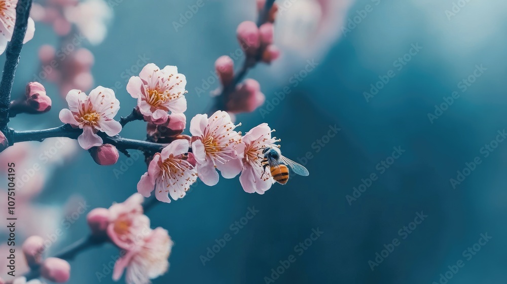 Close-Up of a Honeybee Pollinating Delicate Pink Cherry Blossom Flowers in Soft Focus, Capturing the Essence of Springtime Natural Beauty and Wildlife Interaction Close-Up of a Honeybee Pollinating Delicate Pink Cherry Blossom Flowers in Soft Focus, Capturing the Essence of Springtime Natural Beauty and Wildlife Interaction