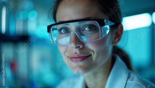 Close-up of young female scientist, confident smile, laboratory background