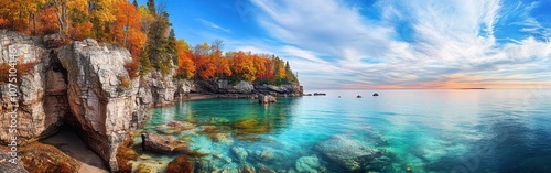 Experience the stunning beauty of the Apostle Islands at sunrise with vibrant autumn colors reflecting on crystal-clear waters photo