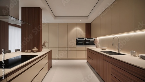 The kitchen showcases a stylish blend of light and dark cabinetry with minimalist elements