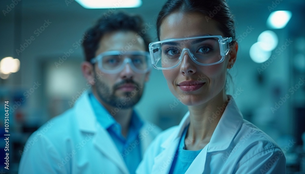 Scientists in laboratory, focused expression, close-up of young woman and man in protective eyewear Scientists in laboratory, focused expression, close-up of young woman and man in protective eyewear