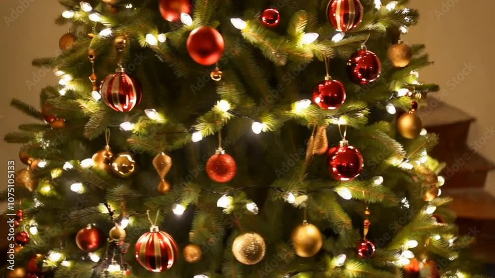 Beautifully decorated Christmas tree with lights and ornaments is spinning creating a festive atmosphere
Beautifully decorated Christmas tree with lights and ornaments is spinning creating a festive atmosphere