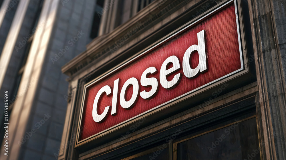 Closed sign on building, indicating temporary unavailability and stillness Closed sign on building, indicating temporary unavailability and stillness