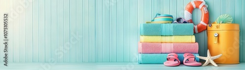 Travel locker with neatly arranged beach towels, snorkel gear, and flipflops, seaside theme photo