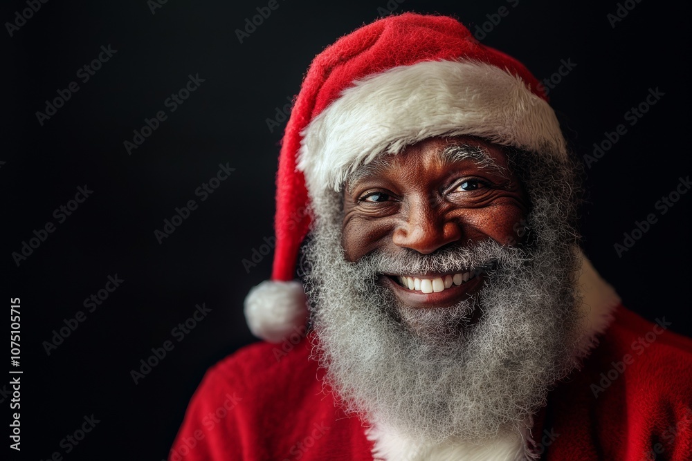 A cheerful Santa Claus with a warm smile and a fluffy white beard, set against a black background. This close-up portrait is perfect for inclusive holiday themes and Christmas promotions. A cheerful Santa Claus with a warm smile and a fluffy white beard, set against a black background. This close-up portrait is perfect for inclusive holiday themes and Christmas promotions.