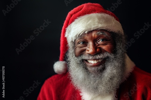 A cheerful Santa Claus with a warm smile and a fluffy white beard, set against a black background. This close-up portrait is perfect for inclusive holiday themes and Christmas promotions.