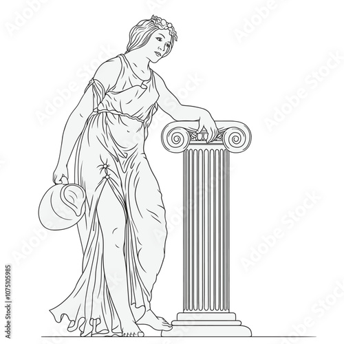 Ancient Greek woman standing near a column of a pedestal, holding a jug of wine and water in her hand. Figure isolated on white background