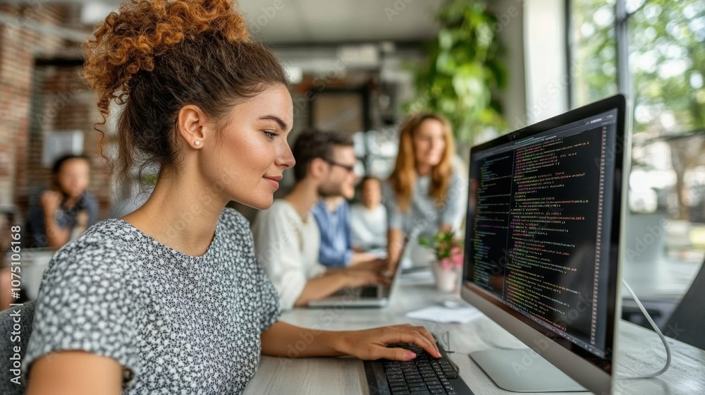 Female Data Analyst Working on Computer Code Female Data Analyst Working on Computer Code