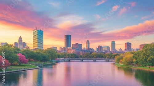 A stunning sunset over the historic skyline of Boston, showcasing vibrant colors and serene waters reflecting the city’s beauty