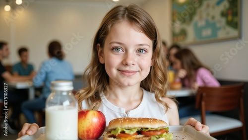 Girl in school cafeteria, cheerful mood, holding lunch tray with milk, apple, and sandwich