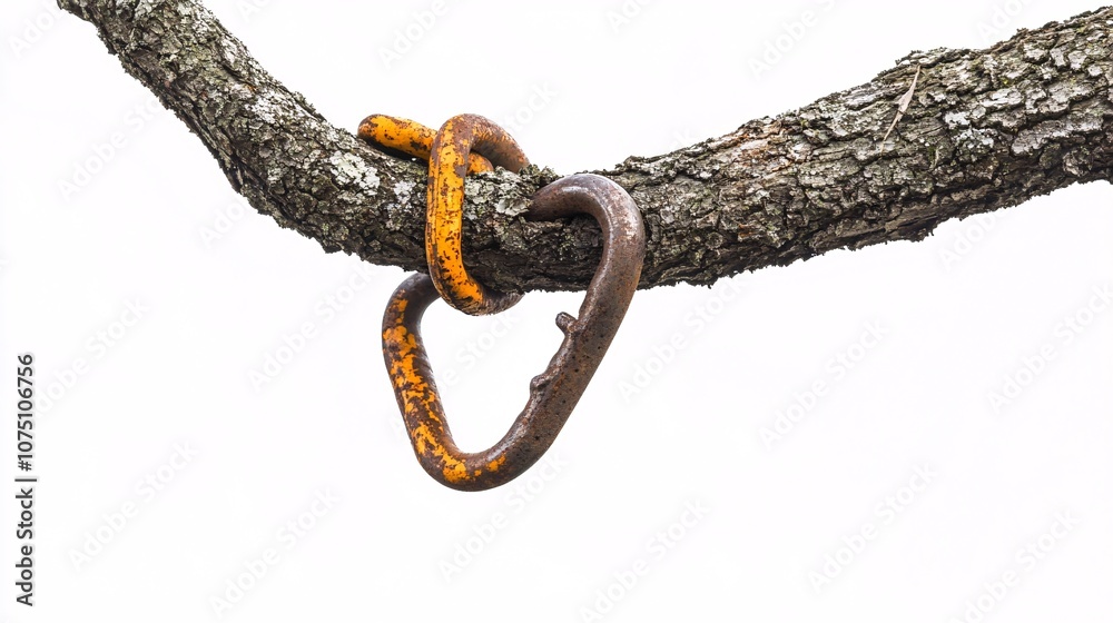 Obraz premium Rustic Charm: A Weathered Metal Clasp Embraces a Timeless Tree Branch