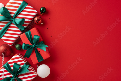 Red and white presents with green ribbons accompanied by shiny Christmas ornaments on a vibrant red surface, creating a festive holiday atmosphere photo