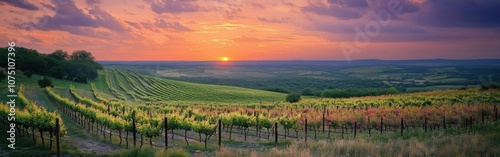 A stunning sunset over the Texas Hill Country vineyard with vibrant colors illuminating the lush green landscape and rolling hills