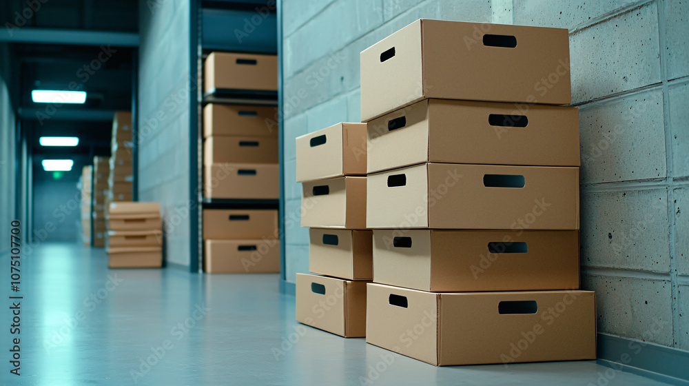 Stacked cardboard boxes in dimly lit storage room create organized space Stacked cardboard boxes in dimly lit storage room create organized space