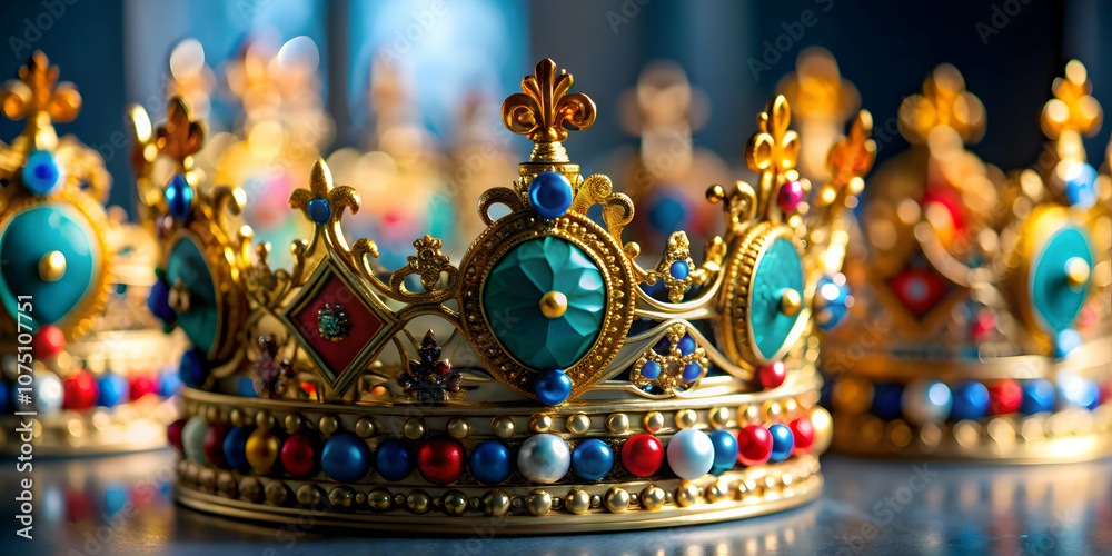 Detailed close up of Reyes Magos traditional crowns showcasing intricate designs and festive embellishments ideal for magazine ads or banners, with ample space for text in photo stock concept. Detailed close up of Reyes Magos traditional crowns showcasing intricate designs and festive embellishments ideal for magazine ads or banners, with ample space for text in photo stock concept.