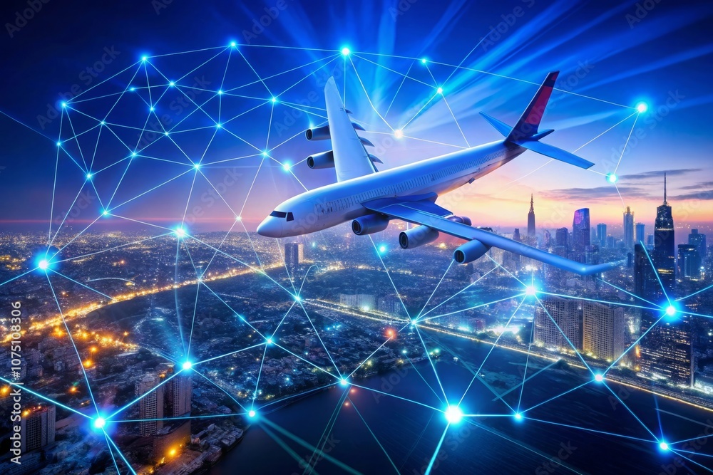 a plane is flying over a city with a blue line in the middle a plane is flying over a city with a blue line in the middle