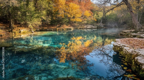 A serene autumn morning at Chickasaw National Recreation Area featuring vibrant foliage and crystal-clear water