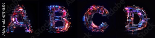 A, B, C, D font letters alphabet. Futuristic typography reflect high technology themes; AI, Quantum computing, cyberspace, software. Illustration for creative headline text technology themes photo