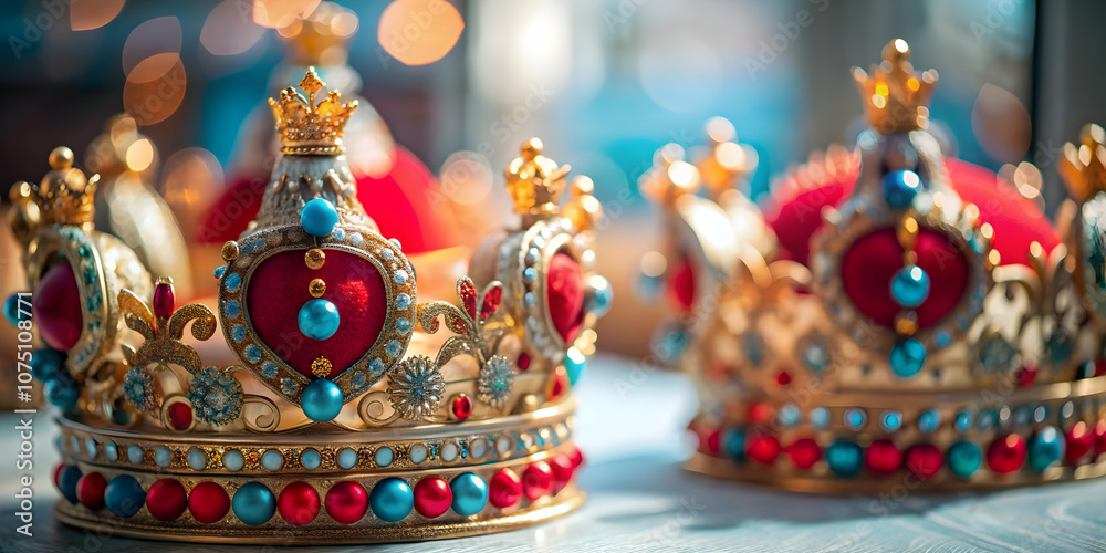 Close Up Reyes Magos Traditional Crowns Intricate Designs Festive Embellishments Photo Stock Concept Perfect for Magazine Advertisements Banners Copy Space for Text Display Close Up Reyes Magos Traditional Crowns Intricate Designs Festive Embellishments Photo Stock Concept Perfect for Magazine Advertisements Banners Copy Space for Text Display