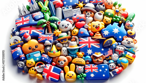 3D Glossy Australian Symbols Collage Background, Vibrant Colors, National Pride Celebrations, Australia Day Icon, Dynamic Copy Space, Isolated Background, Cultural Representation