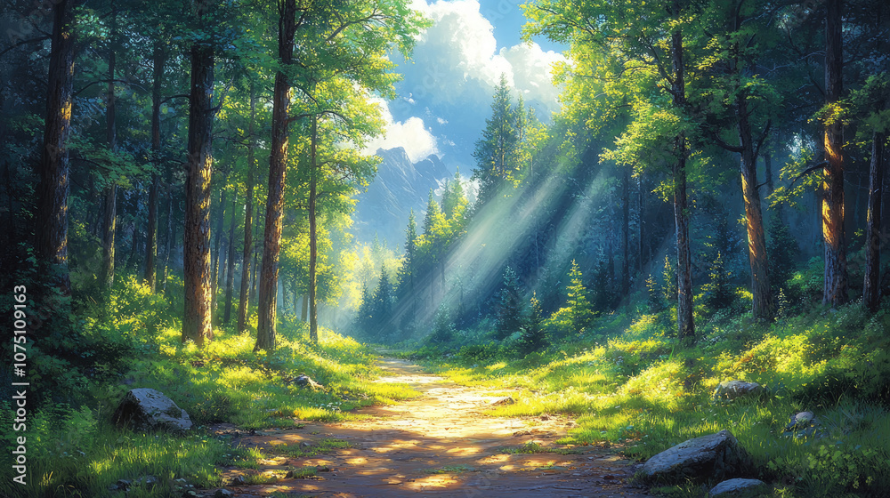 Obraz premium Golden rays illuminate a tranquil forest path surrounded by lush greenery and vibrant foliage in a serene outdoor setting