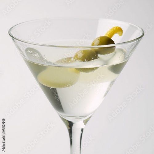 Stylish close-up of a glass with a classic cocktail martini against a crisp white backdrop photo