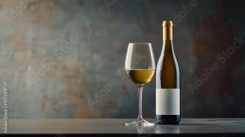 White Wine Bottle with Glass in Elegant Setting on Dark Background photo