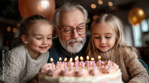 A grandfather enjoys his birthday celebration alongside two smiling granddaughters while admiring a beautifully decorated cake with candles