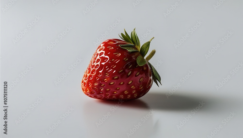 A single ripe strawberry with green leaves, isolated on a white background with soft lighting A single ripe strawberry with green leaves, isolated on a white background with soft lighting