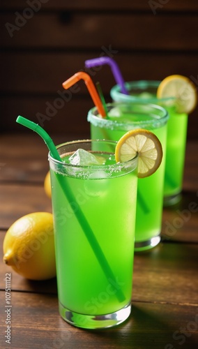 Vibrant chilled margaritas with lime slices and salt at a rustic wood bar Lemon-Green Spirits